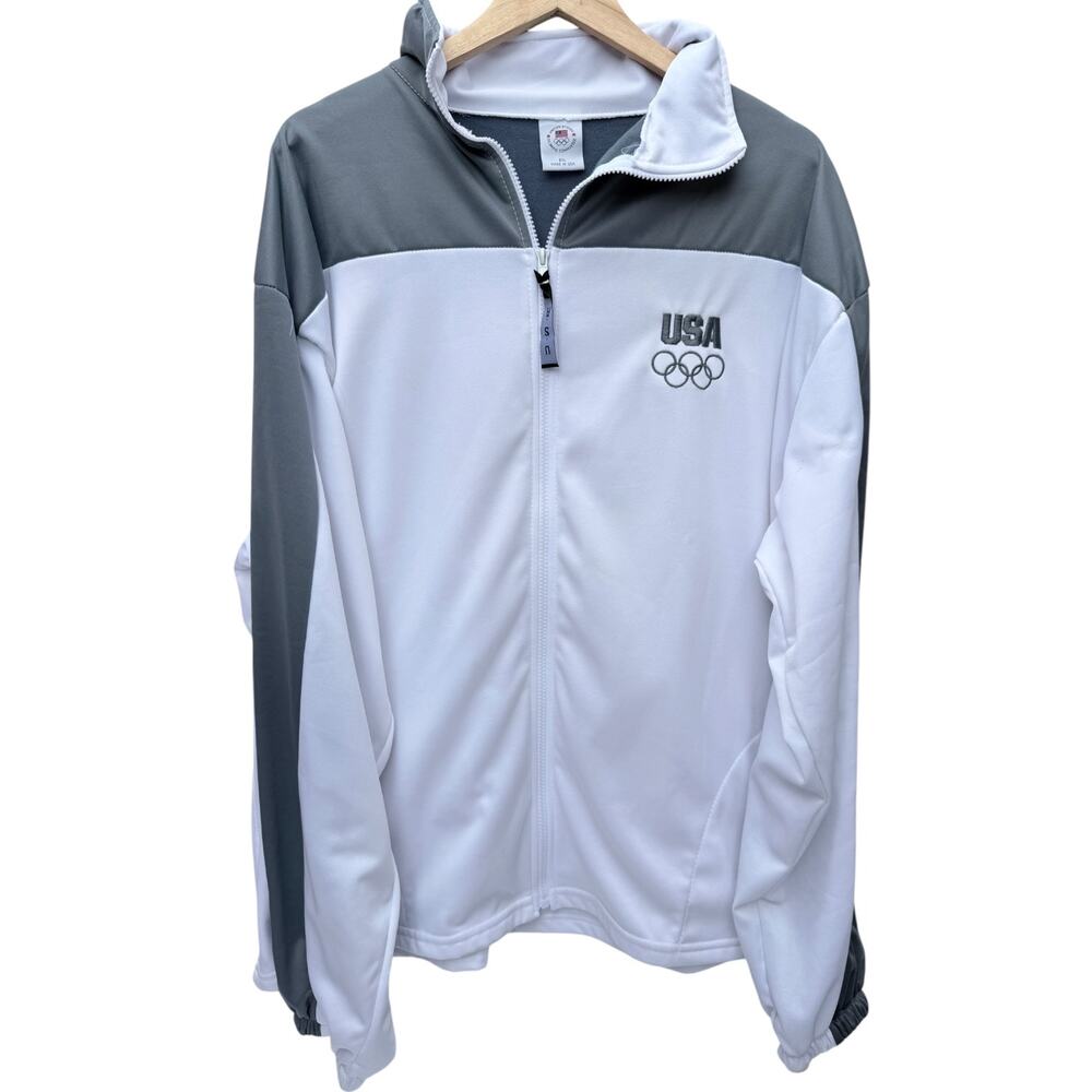 USA Olympic Team Jacket Mens 2XL White Gray Full Zip Made In USA Track Jacket